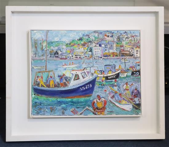Linda Weir (1949-) Men coming home, St Ives Harbour, June 08 36 x 46cm.